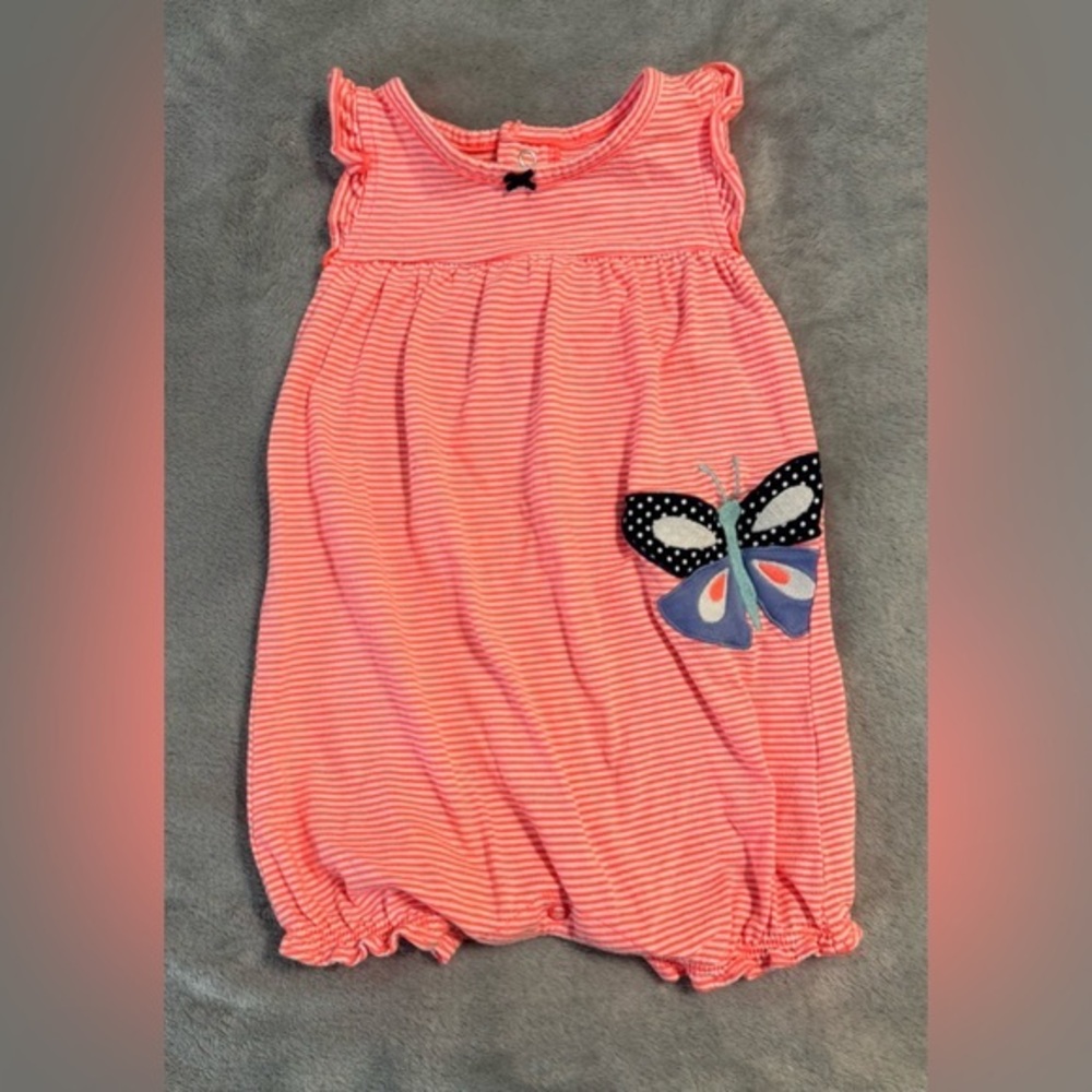 Carter's - coral striped romper with an appliqué butterfly